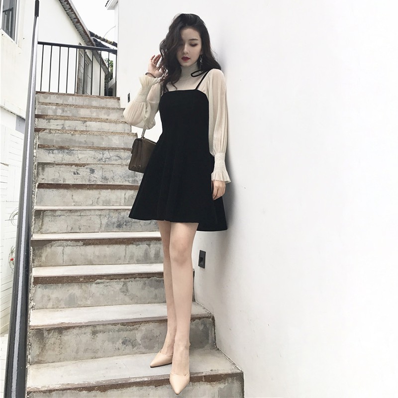SET ĐẦM DÁNG XÒE HAI DÂY NHUNG PHỐI ÁO LƯỚI HÀNG QUẢNG CHÂU
