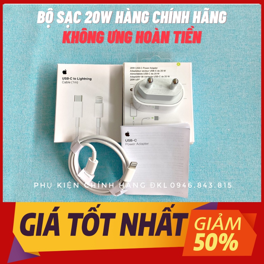 Bộ Sạc iPhone zin Hãng (BH 12T) Củ sạc nhanh 20W Chân tròn, dây sạc nhanh iPhone cho IP 13,12,11,X,8