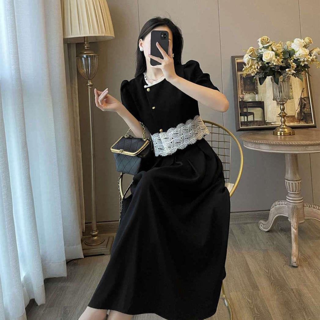 Bộ Áo Đen Dáng Ôm Phối Chân Váy Dài Kiểu retro Pháp Chất Lượng Cao