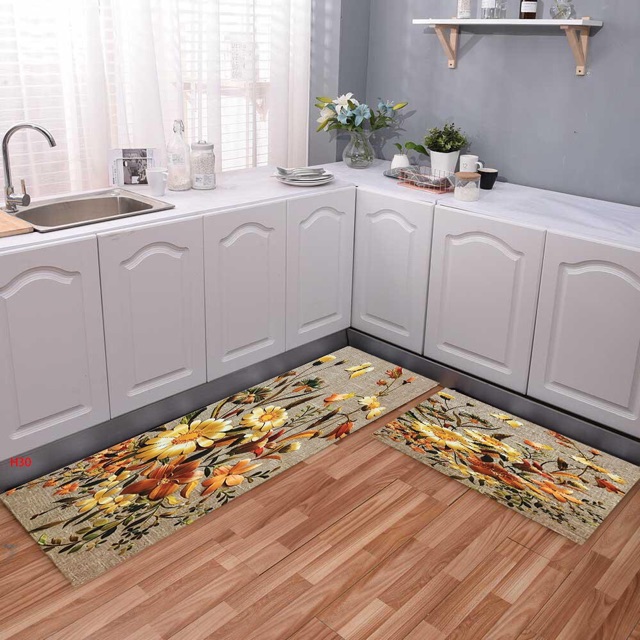 Bô Thảm trải sàn bếp nỉ nhung lì cao cấp chống trượt ,in 3D phong cách hàn Quốc cho phòng bếp hiện đại