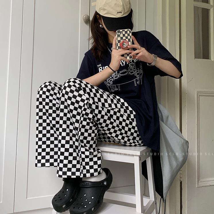 ☽Quần dài ống rộng họa tiết sọc caro cá tính cho nữ