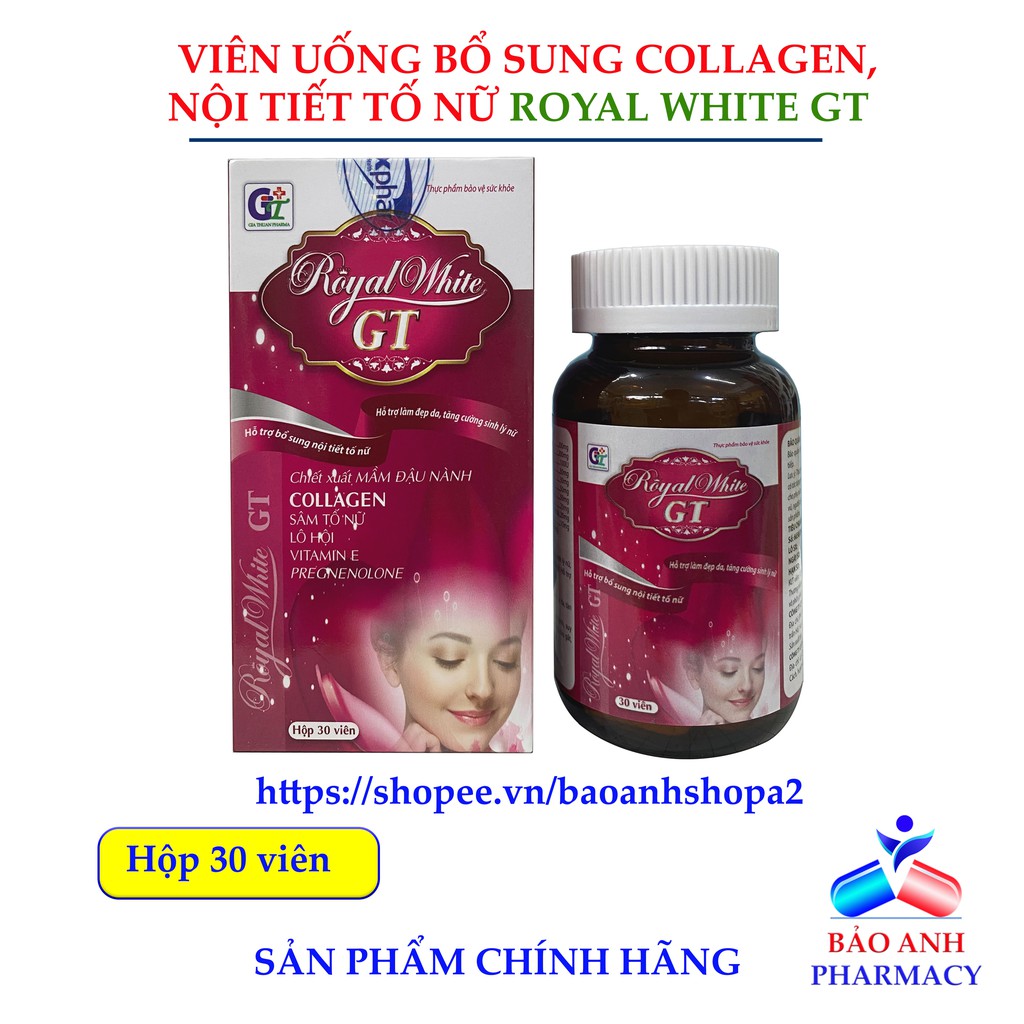 Viên uống Collagen, mầm đậu nành Royal White GT - Hỗ trợ bổ sung nội tiết tố, tăng cường sinh lý nữ - Hộp 30 viên