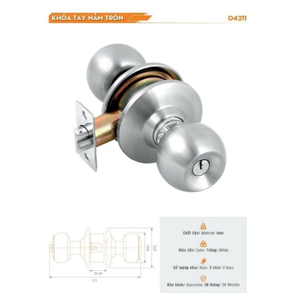 Ổ Khoá Tay Nắm Tròn VIỆT TIỆP 04211 ( khoá đấm ) inox 304