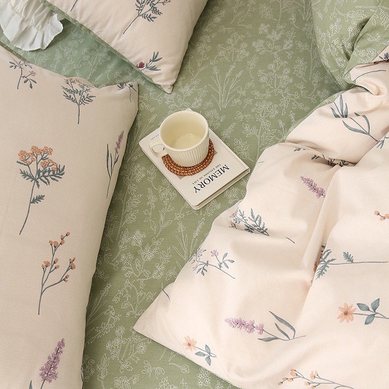 Bộ chăn ga và vỏ gối cotton living cao cấp Mùa Decor - Hoa Lavender tone xanh