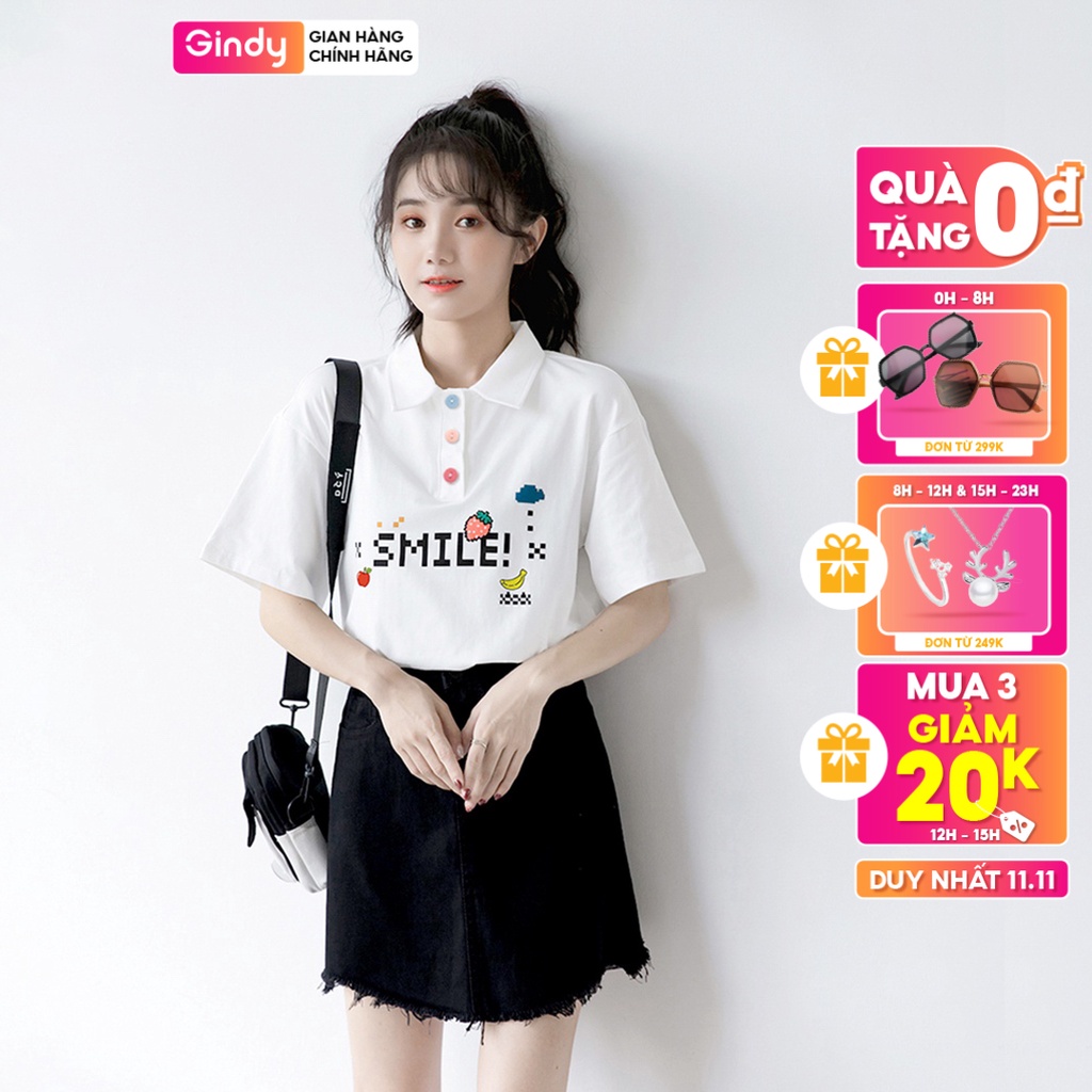 Áo phông nữ polo GINDY Smile cổ bẻ cotton tay lỡ basic phong cách unisex vải cotton thoáng mát A8108