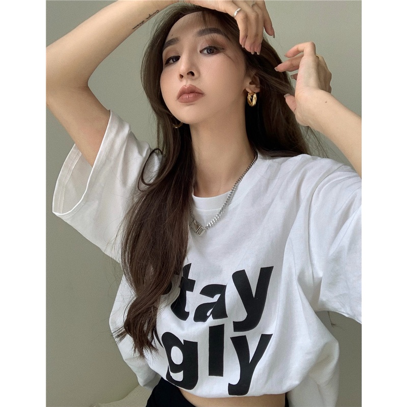 Áo Thun Nữ Tay Ngắn Cổ Tròn In Chữ Phong Cách Hàn Quốc