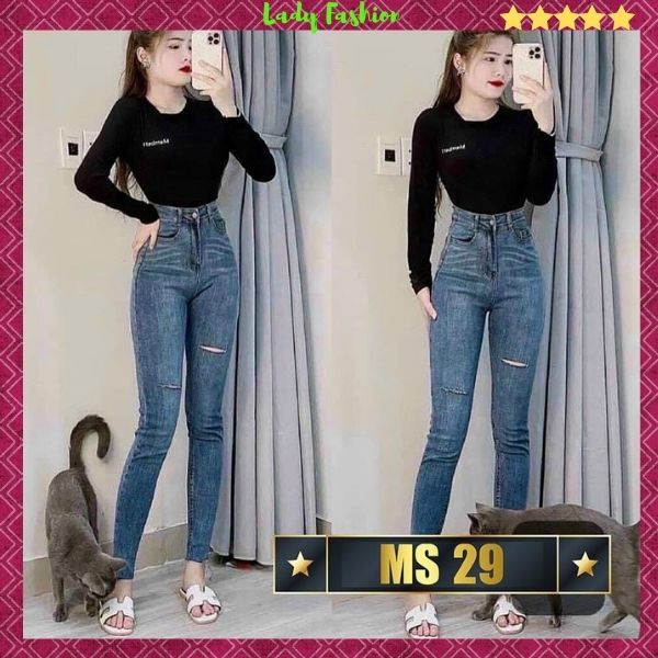 Quần Jean nữ rách co giãn (kèm hình thật) ôm dáng siêu xinh, Quần bò nữ cạp cao kiểu thời trang Lady Fashion - MQ29