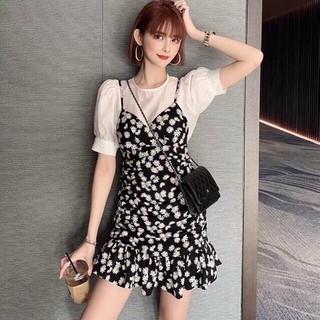 Sét áo trắng voan tay phồng và đầm hoa cúc siêu xinh