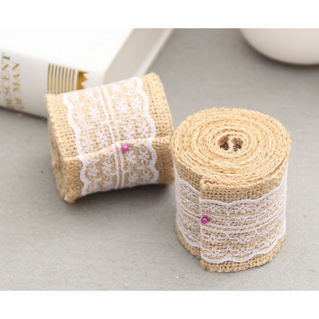 Cuộn Ruy Băng Vải Bố Phối Ren 6cmx2M Kèm Dây Ruy Băng Trang Trí Tiệc Cưới