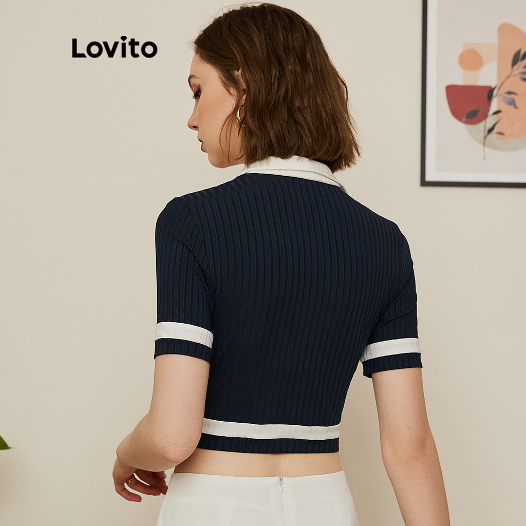 Áo thun Lovito có cổ chữ V phối đường viền tương phản màu trơn phong cách preppy L19D032 (Màu xanh lam)