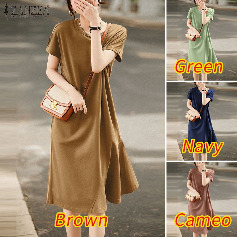 ZANZEA Đầm Midi Tay Ngắn Cổ Tròn Màu Trơn Thời Trang Cho Nữ