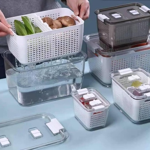 Hộp Đựng Thực Phẩm Tủ Lạnh 2 Lớp Có Lỗ Thoát Nước, Có Khóa Thoát Khí, Dễ Dàng Bảo Quản