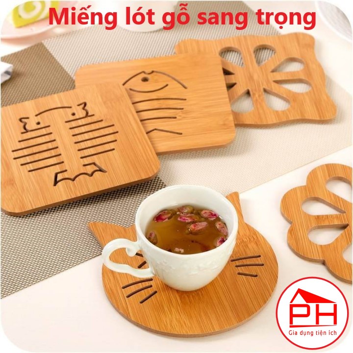 SET 02 Miếng lót nồi lót cốc ly bằng gỗ sang trọng chống trượt cách nhiệt (15x15cm Hình ngẫu nhiên) - Gia dụng Phước Hòa