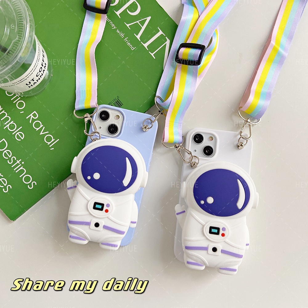 Ốp Điện Thoại Silicon Hình Phi Hành Gia 3D Kèm Dây Đeo Cho iPhone 14 11 12 13 Pro Max 8 7 6 Plus Xr Xs Max Xs X SE 2020 5