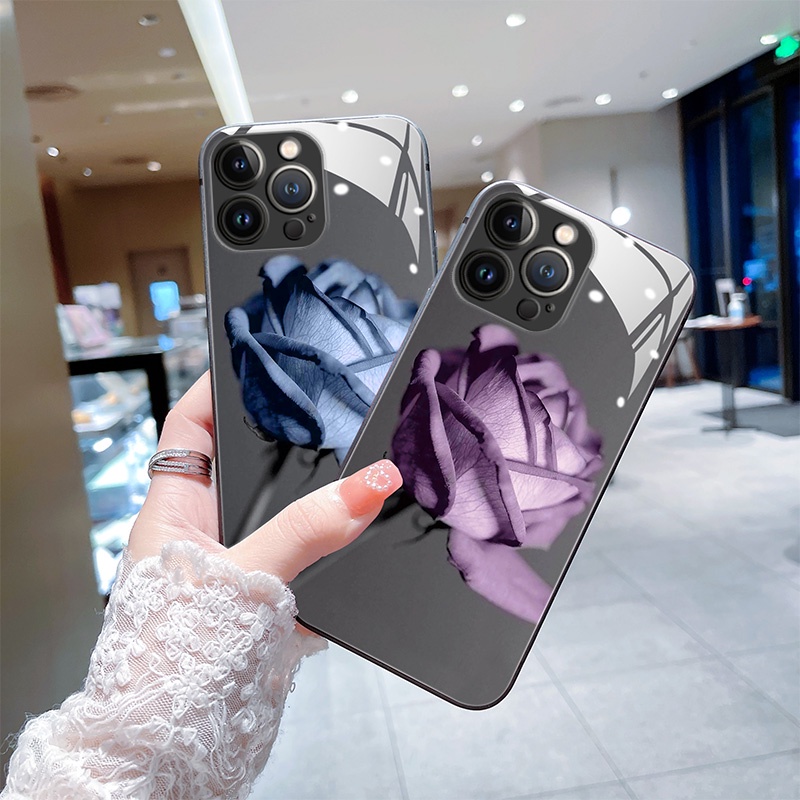 Ốp Điện Thoại Mặt Kính Hình Hoa Hồng Xanh Dương Cho iPhone 14 13 12 11 Pro Max X XS XR 8 7 6 Plus