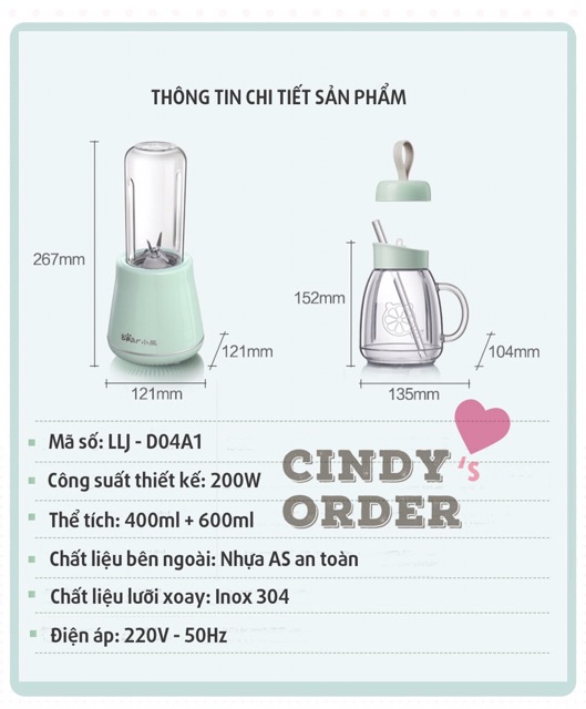 Máy xay sinh tố mini Bear 1L công suất 200W tiện lợi cho gia đình