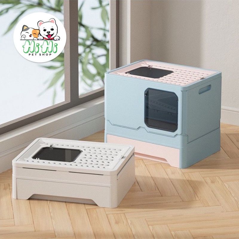 Nhà vệ sinh cho mèo 2 cửa, dạng hộp kéo có vách ngăn, chống văng cát