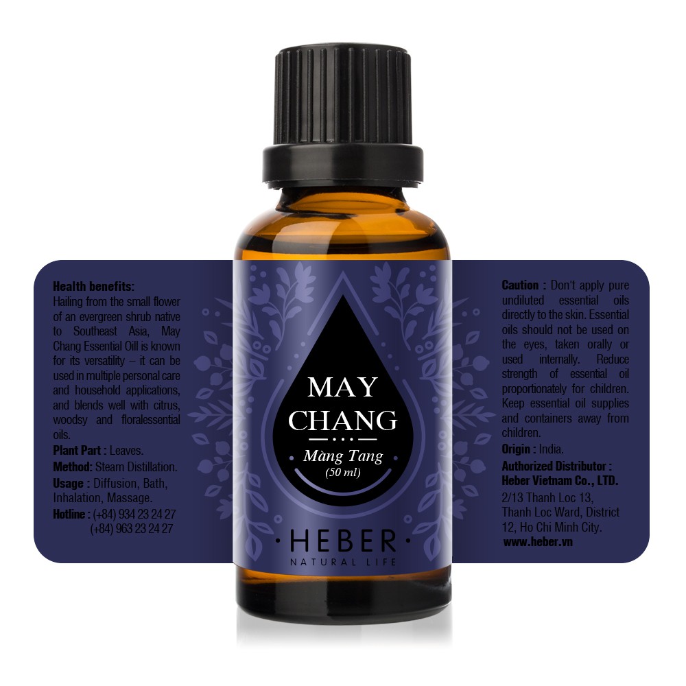 Tinh Dầu Màng Tang Heber - May Chang Essential Oil, Cao Cấp Nhập Khẩu, Thiên Nhiên Nguyên Chất, Chai 10ml/30ml/50ml