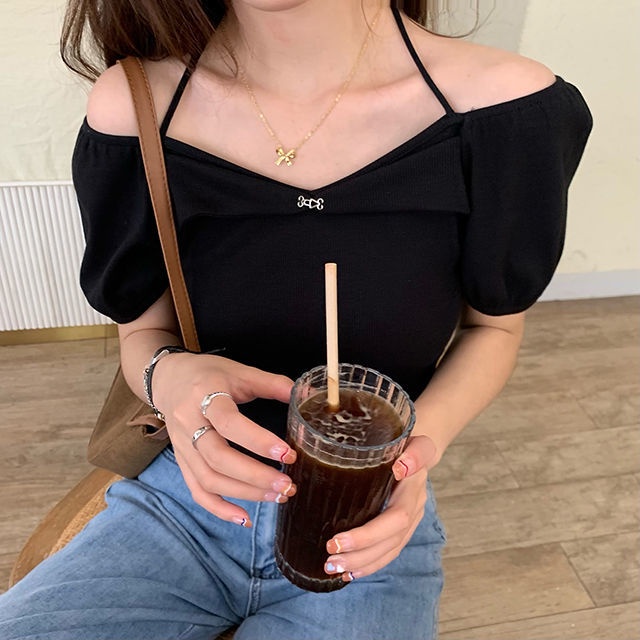 Áo thun COZOK ngắn tay kiểu cổ yếm xinh xắn phong cách Hàn Quốc