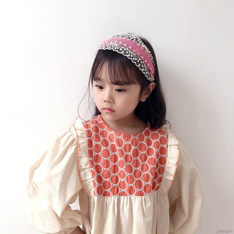 Cài tóc bé gái họa tiết sọc caro phối ren phong cách retro Hàn Quốc