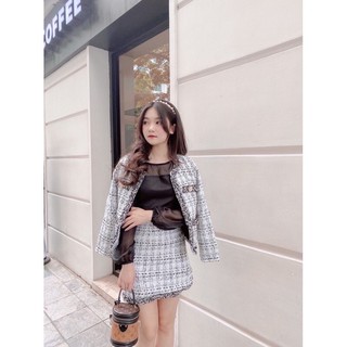 SET DẠ TWEED VIỀN TUA KHUY ĐỒNG (Kèm ảnh thật) Trắng, Đen
