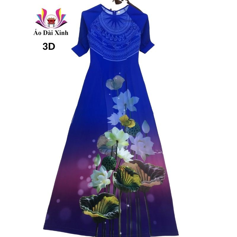 Áo dài truyền thống in 3D cổ tròn tay lỡ màu xanh hoa sen