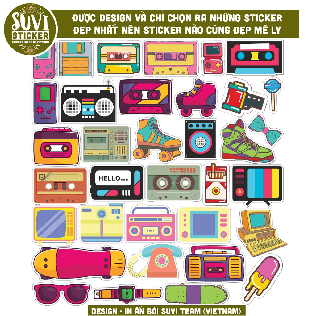 50 Sticker Vintage Cổ Điển 80s chống nước sticker dán laptop, điện thoại, đàn guitar, mũ bảo hiểm. MSP: V12