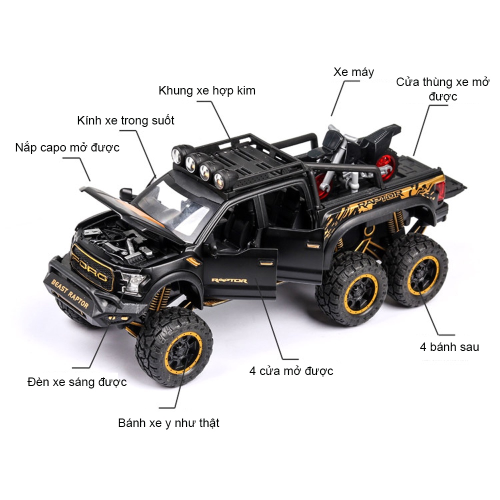 Mô hình xe ô tô địa hình FORD RAPTOR Beast Raptor Offroad 6 bánh tỷ lệ 1:28 thân hợp kim có đèn âm thanh cót chạy đà