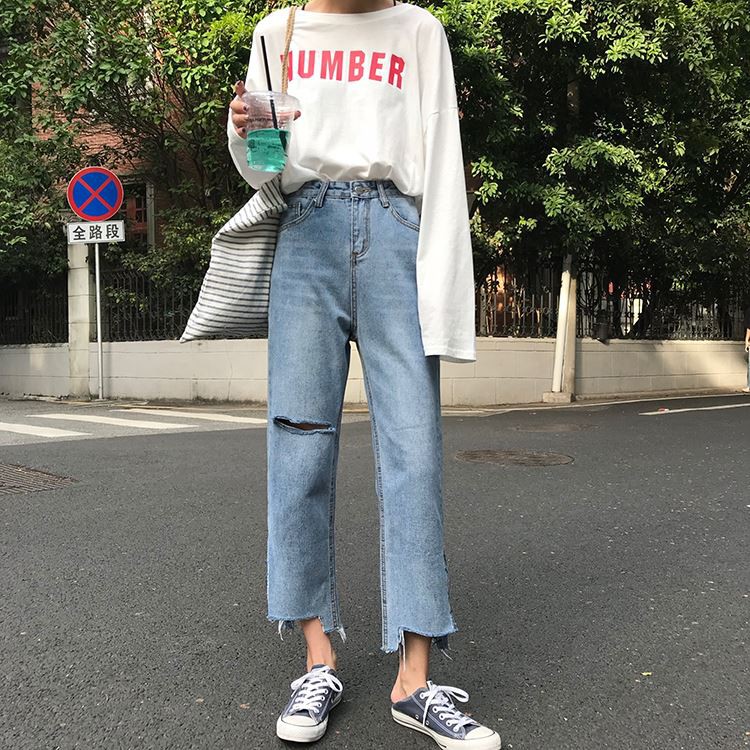 [SẴN]Quần jeans ống rộng rách lưng cao Ulzzang Quảng Châu QDJ71