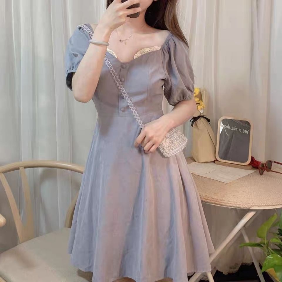 Đầm midi chữ A tay ngắn phối ren thời trang mùa hè phong cách Hàn Quốc