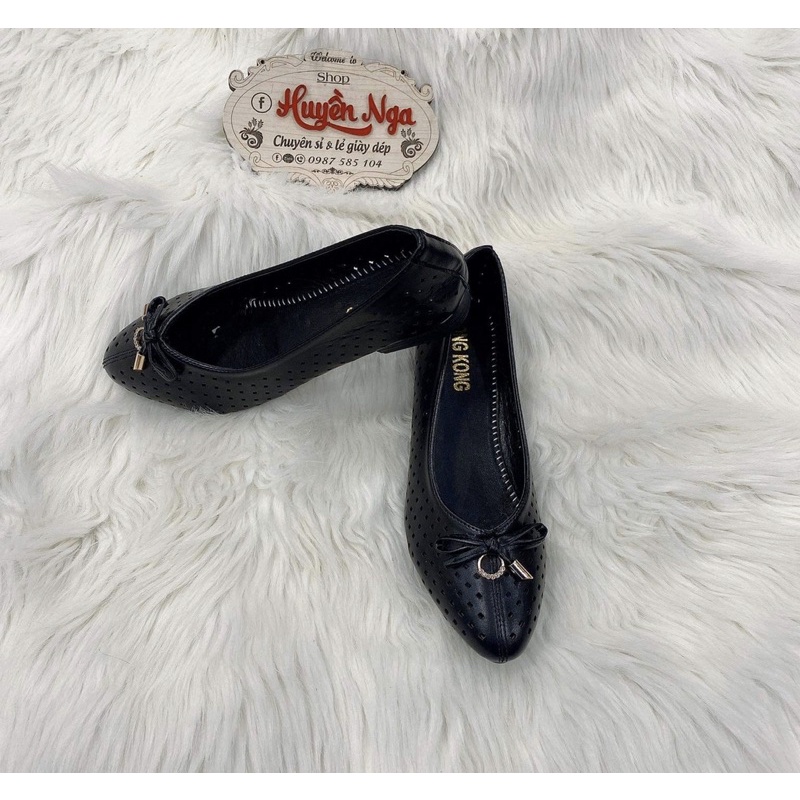 Giày búp bê nữ, giày bệt thoáng lỗ mùa hè màu đen mũi nhọn