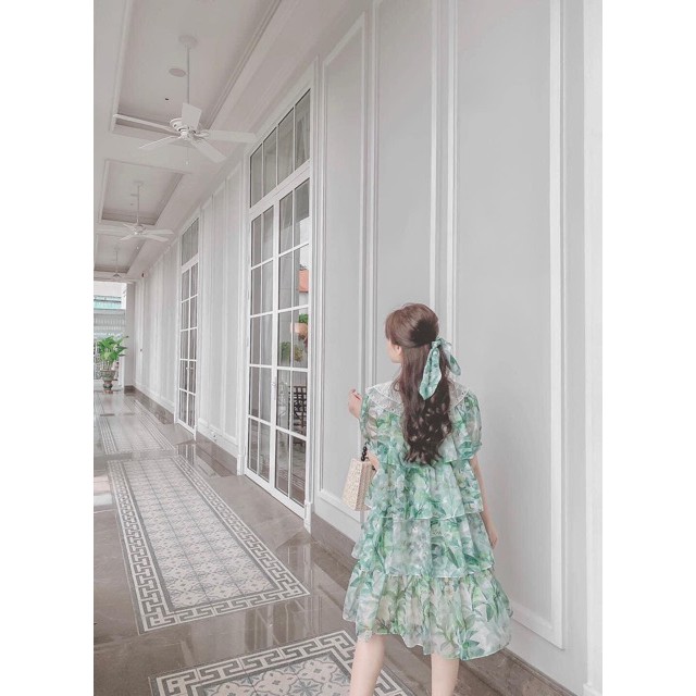 Váy tơ hoa xanh xếp tầng phối cổ ren 2 lớp dáng suông- Váy thiết kế