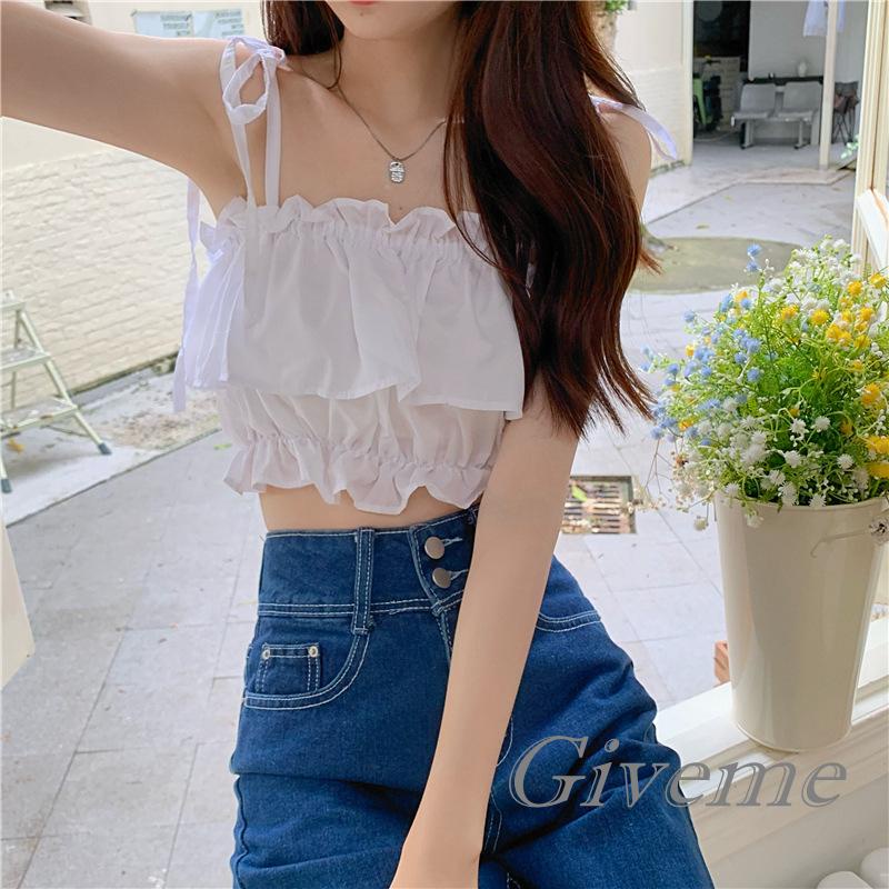 Áo Croptop Hai Dây Nhún Bèo Màu Trơn Thời Trang Mùa Hè Cho Nữ