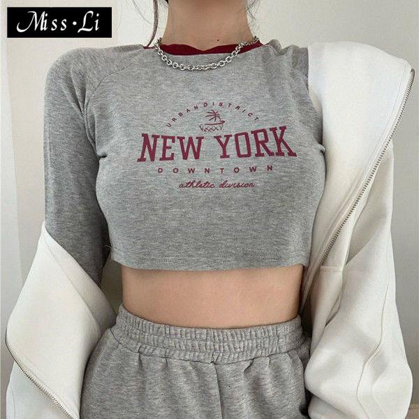 Hàng Có Sẵn Bán Chạy~ins Áo Thun Ôm Dáng Tay Dài Ôm Ngực Ngực Ngắn Xuân Thu Xuân Thu Phong Cách Âu Mỹ Cho Nữ Sinh