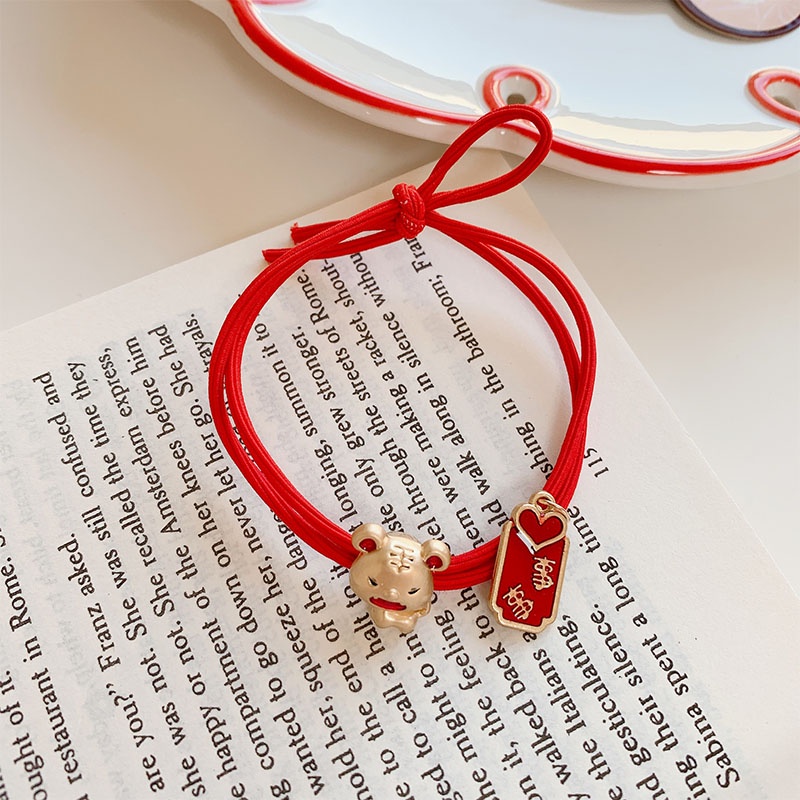 Dây buộc tóc cao su màu đỏ phối mặt hợp kim thời trang