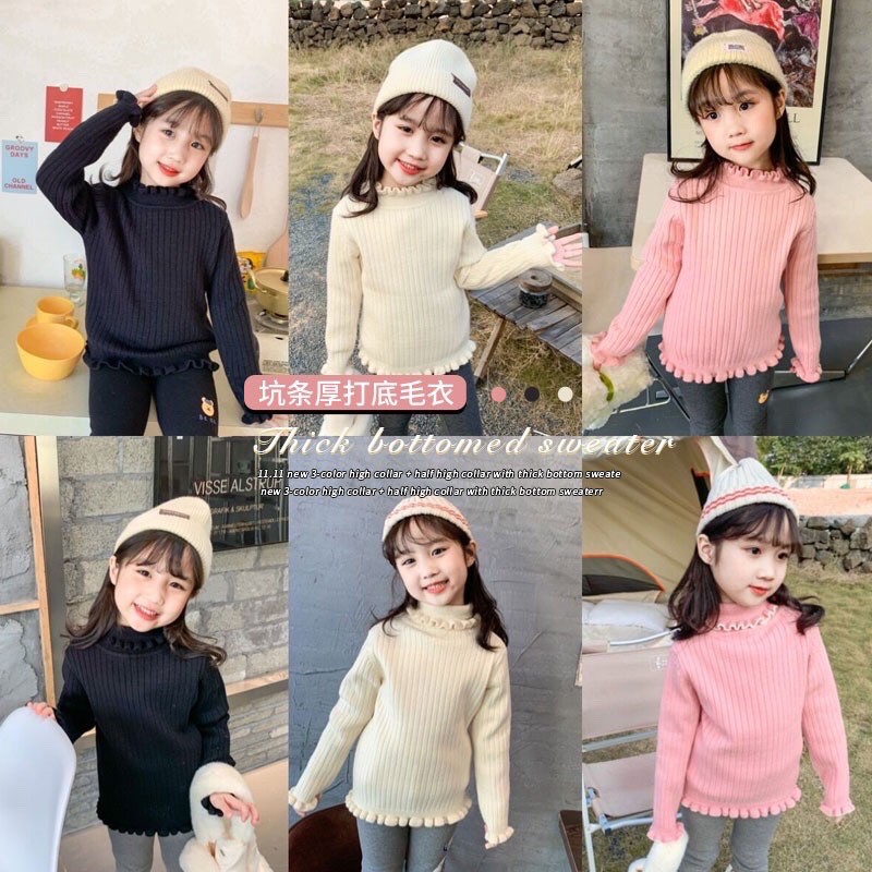 Áo len dài tay cổ 3 phân bánh bèo cho bé gái từ 13kg đến 27kg