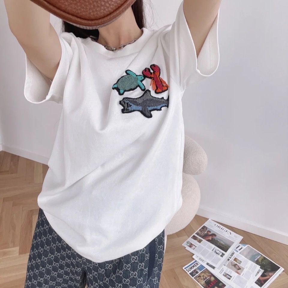 Lv europe station ocean series whale printed pattern high-quality t-shirt nam và nữ same style t-shirt