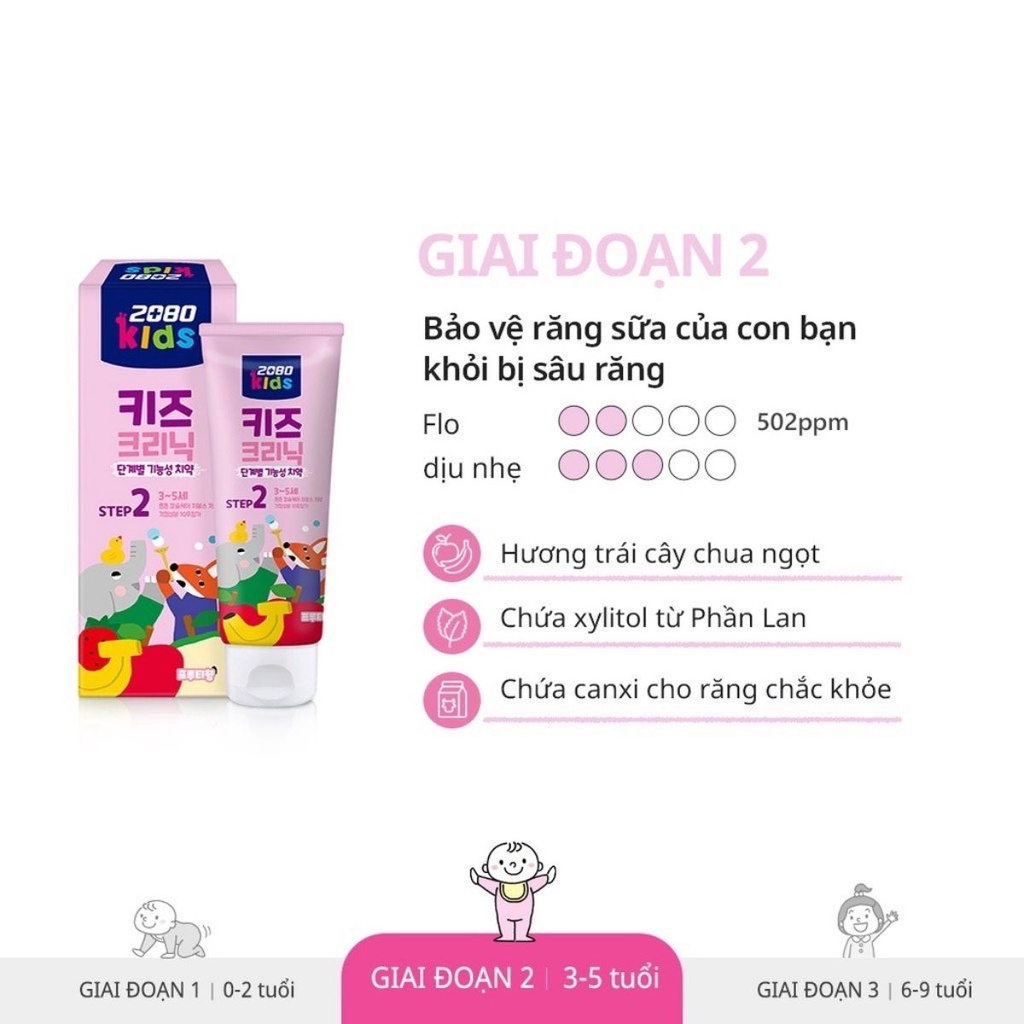 Kem đánh răng trẻ em Kids Clinic 2080 bảo vệ bé khỏi sâu răng, chứa canxi cho răng chắc khoẻ cho bé từ 0-9 tuổi 80g