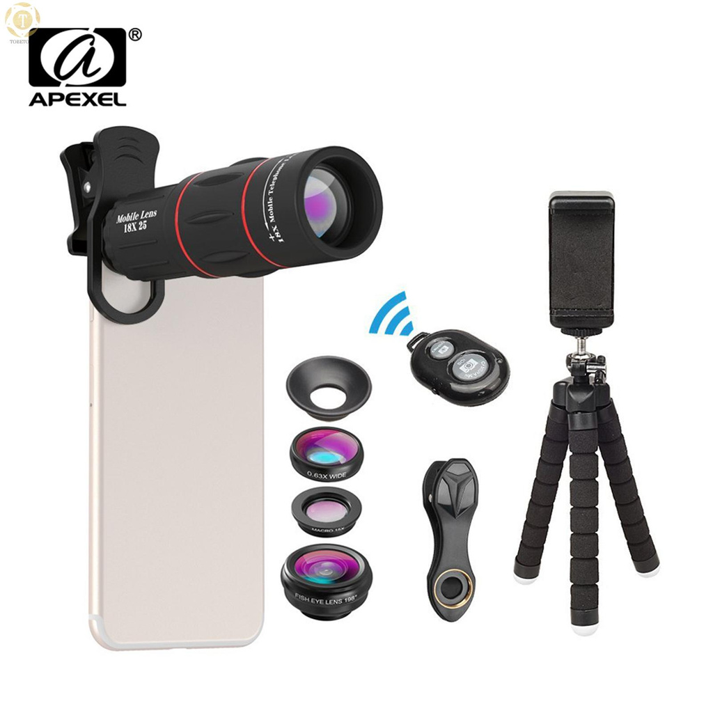 Shipped within 12 hours】 APEXEL APL-T18XBZJ5 Telephoto 4 in 1 Cellphone Lens Universal Kit 18X Mobile Phone Telephoto Lens 198° Fisheye Lens 0.63X Wide Angle 15X Macro Lens with Remote Shutter Mini Tripod Phone Holder for iPhone Samsung Huawei Xiaom [TO]