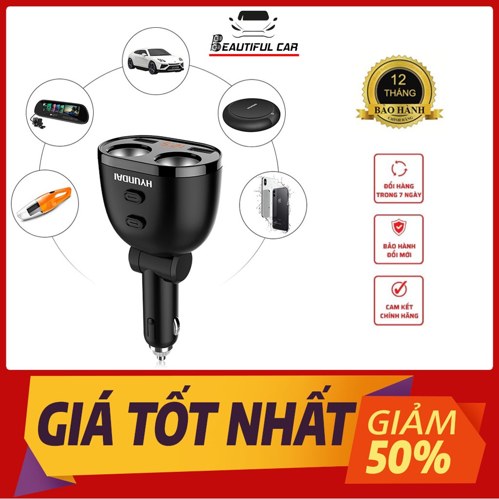 Tẩu Sạc Ô Tô, Bộ Chia Tẩu Sạc Ô Tô Hyundai, Sạc Nhanh, Có Đèn Led Báo Điện Áp, Đầu ra 2 cổng USB, 2 cổng tròn