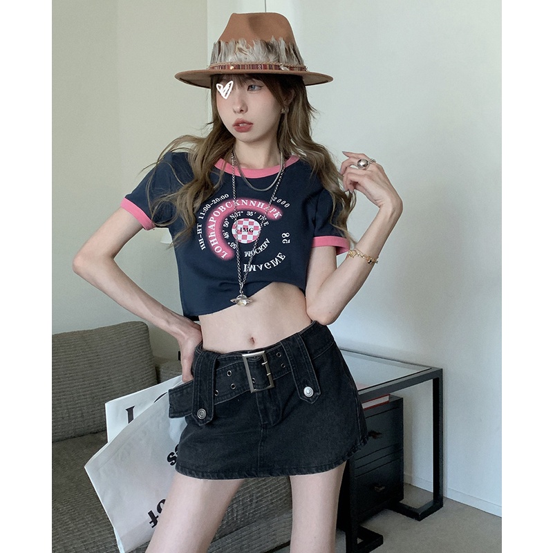 Porozi Chân váy jean chữ A lưng cao màu sắc đơn giản phong cách Hàn Quốc cho nữ