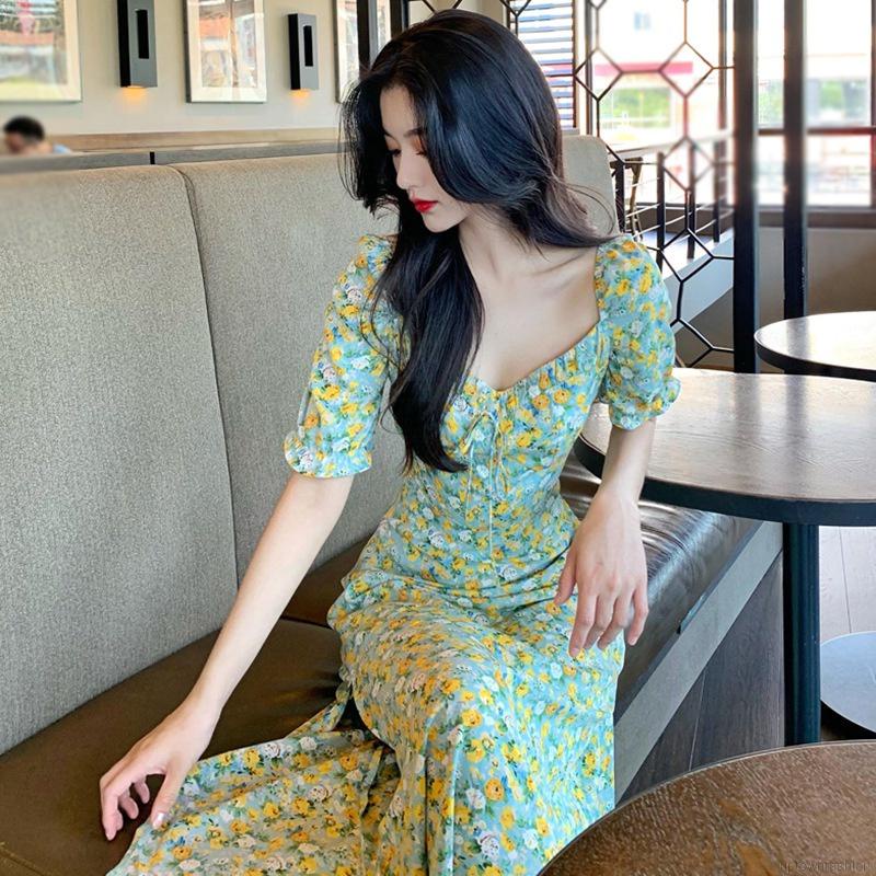 Đầm Hoa Cổ Vuông Xẻ Tà Thời Trang Mùa Hè Pháp