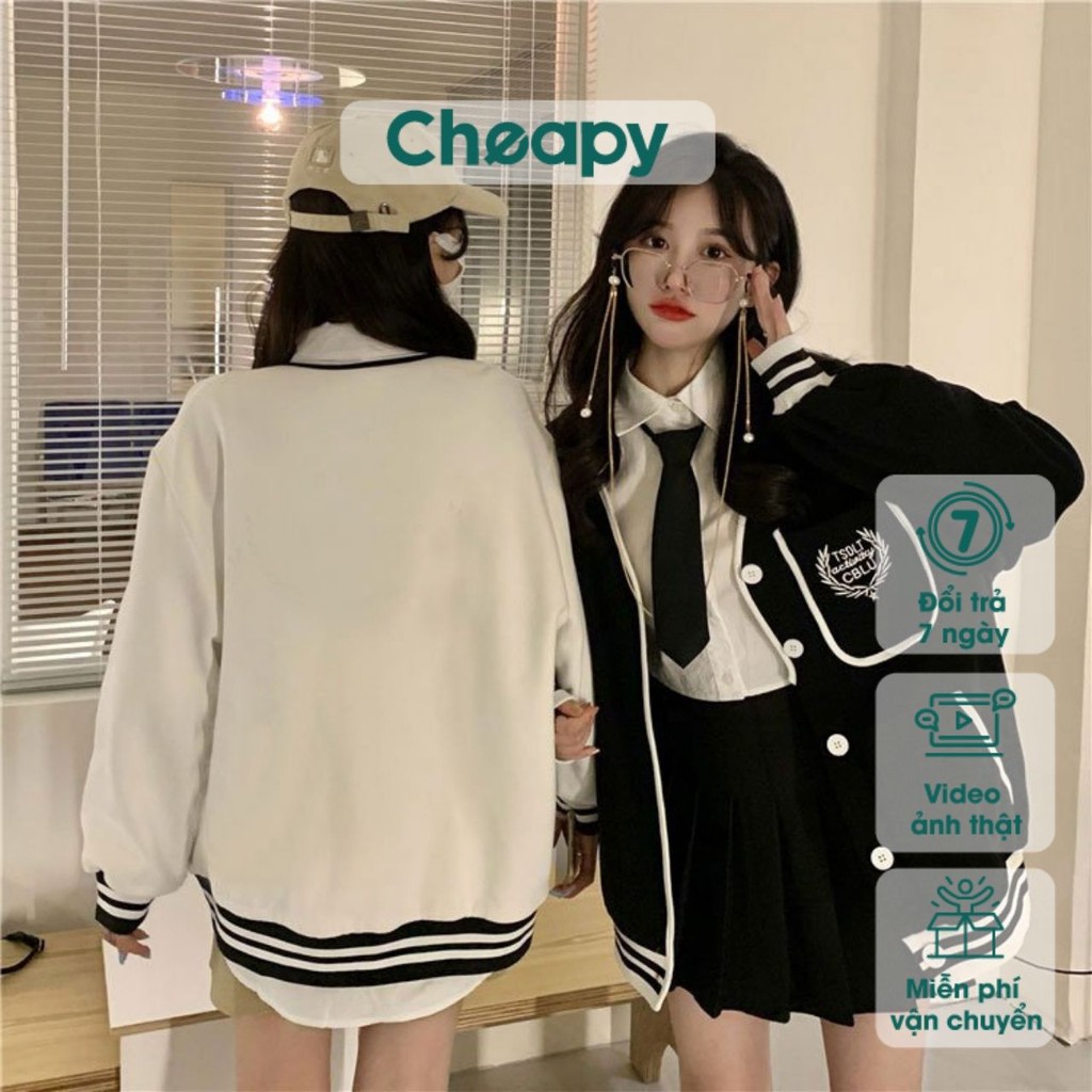 Áo khoác nỉ bóng chày unisex Cheapy màu đen trắng cài cúc form rộng ulzzang cá tính nam nữ C494