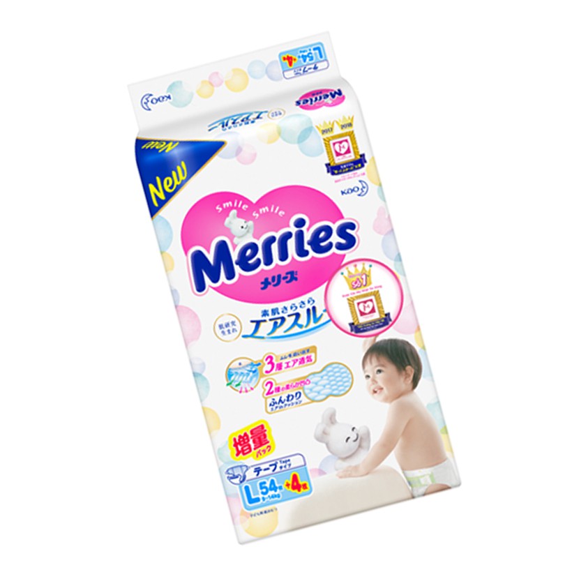 [Mã FMCGMALL giảm 8% đơn 250K] Tã/bỉm dán Merries size L - 54 + 4 miếng (Cho bé dưới 9-14 kg)