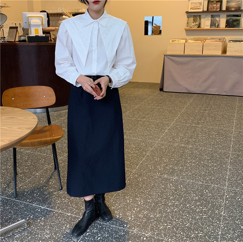 38655 Áo Sơ Mi Dài Tay Màu Trơn Thêu Hoa Văn Cho Nữ