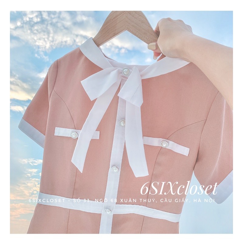 Váy hồng cúc ngọc đính nơ thời trang công sở 6SIX closet | BigBuy360 - bigbuy360.vn