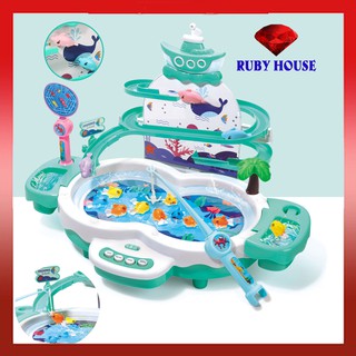 Bộ đồ chơi câu cá điện 3in1 , đồ chơi câu cá cho bé có cầu trượt, đèn nhạc, sạc pin phát triển trí tuệ cao cấp