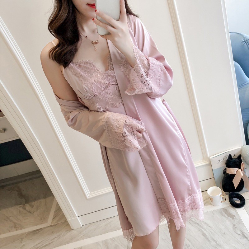 Set váy ngủ⚡️FREESHIP⚡️Đồ mặc nhà lụa cao cấp, Đồ ngủ  Gồm Váy viền ren và áo choàng Sexy gợi cảm, 4 màu xinh xắn | BigBuy360 - bigbuy360.vn