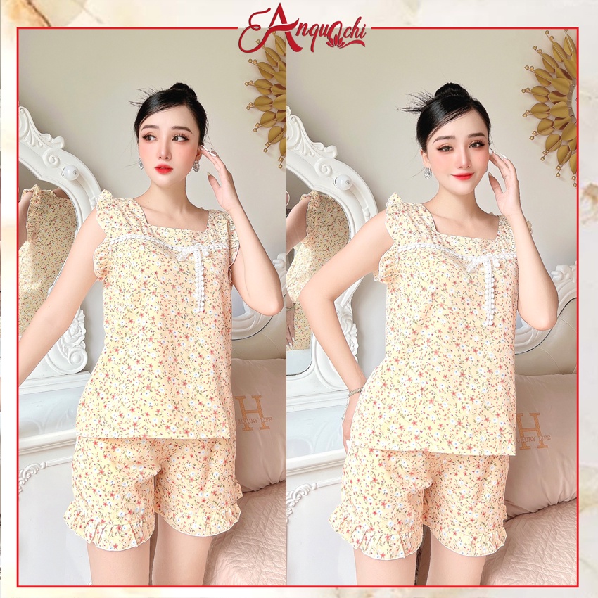 Đồ Bộ Nữ Mặc Nhà Anquachi Quần Đùi Lụa Hoa Nhí Lưng Thun Mặc Ở Nhà Đẹp Đi Chơi Dễ Thương S076