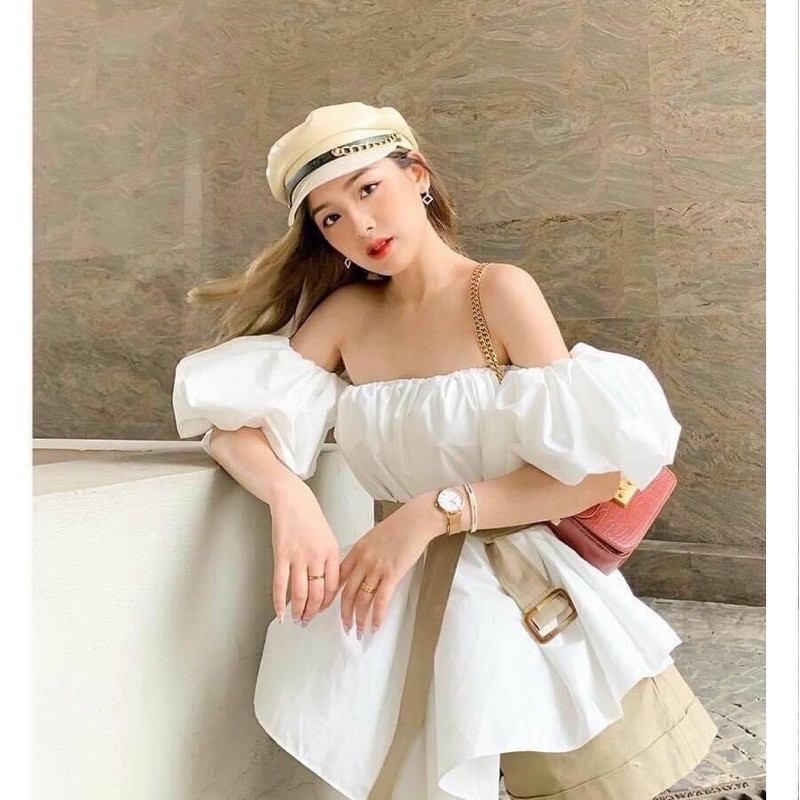 SET ÁO PEPLUM TRẮNG RỚT VAI TAY PHỒNG + SHORT RÊU ❤️ KÈM HÌNH THẬT